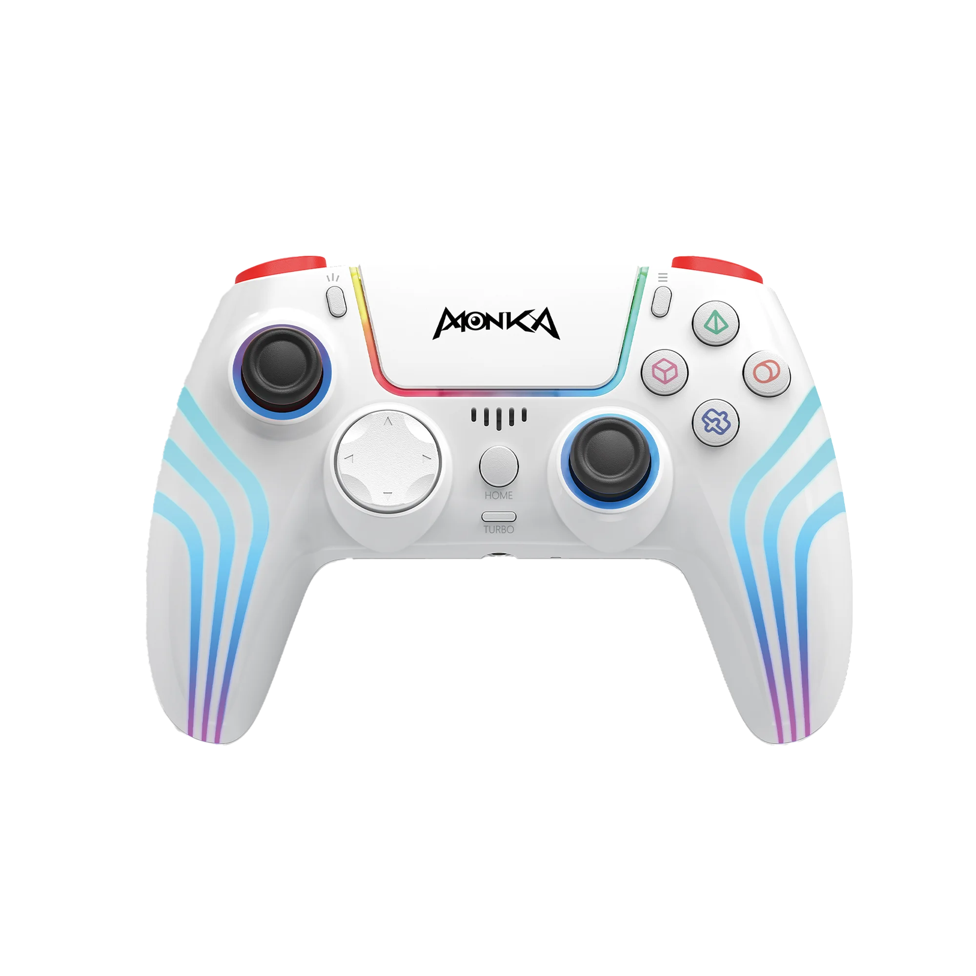 Wireless gaming controller with a sleek white design, featuring colorful accents and ergonomic grips, ideal for immersive gaming experiences.