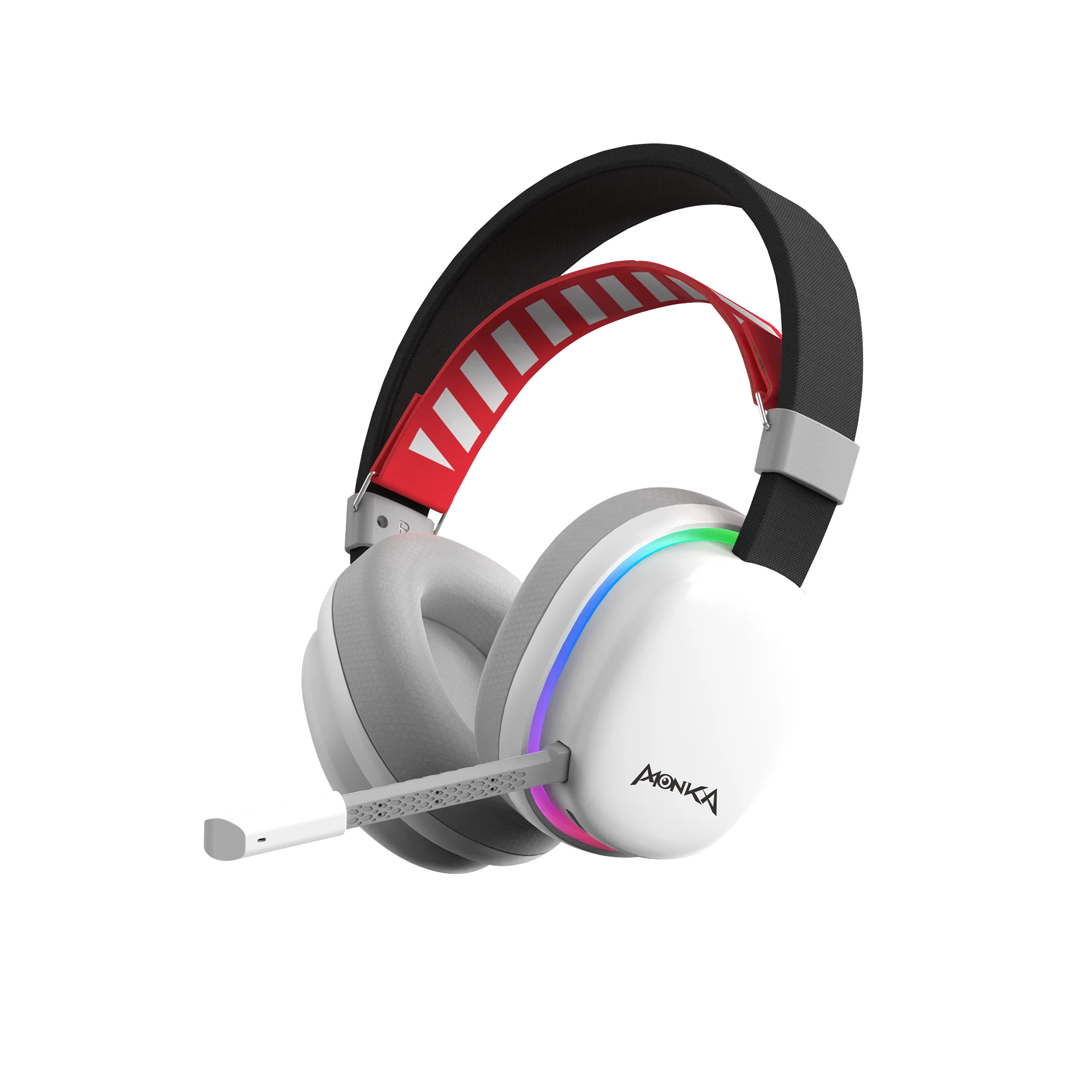 Wireless gaming headset with RGB lighting, adjustable headband, and a flexible microphone for immersive sound and comfort during long gaming sessions.