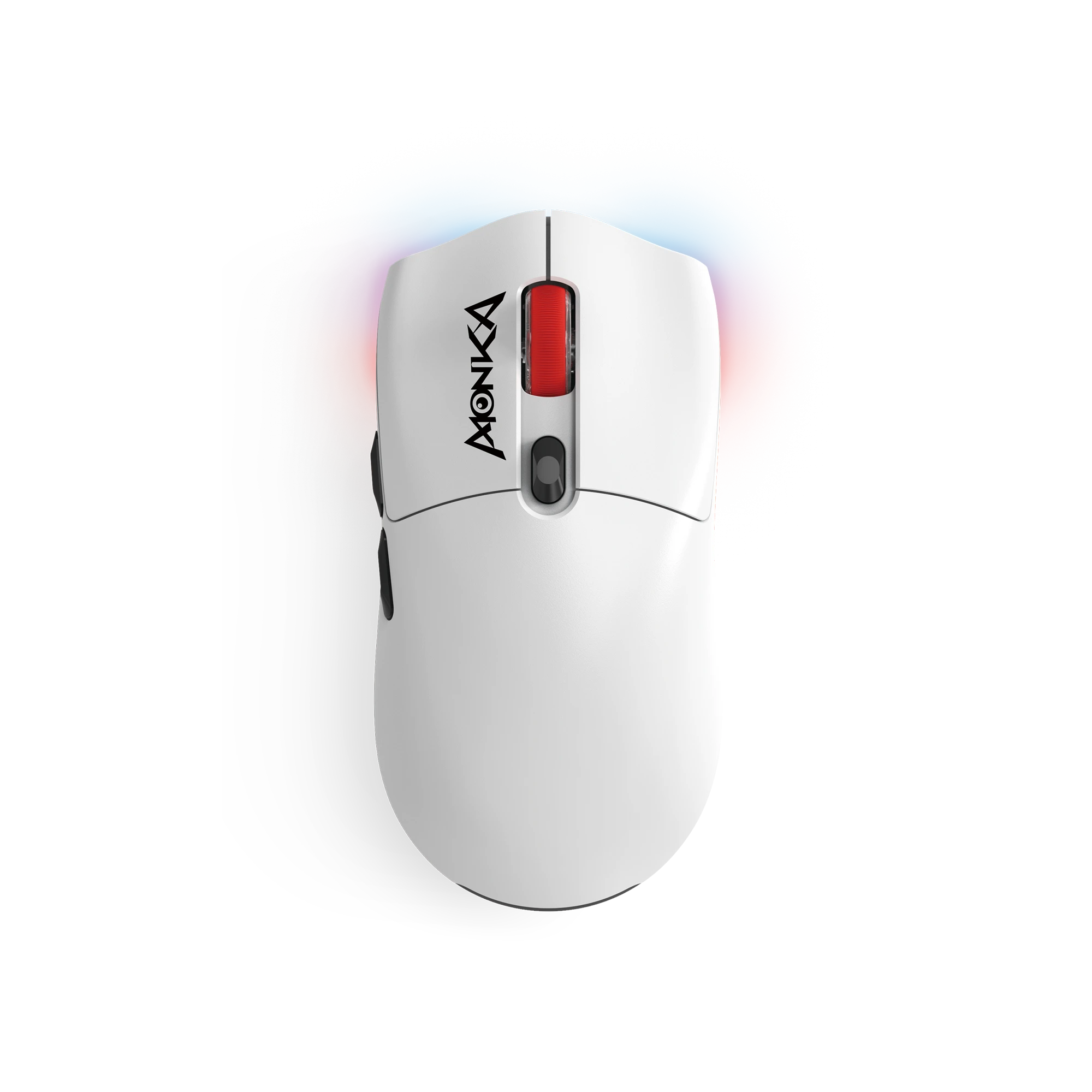 Wireless gaming mouse with a sleek white design, featuring customizable buttons and a red scroll wheel, ideal for gamers seeking precision and comfort.