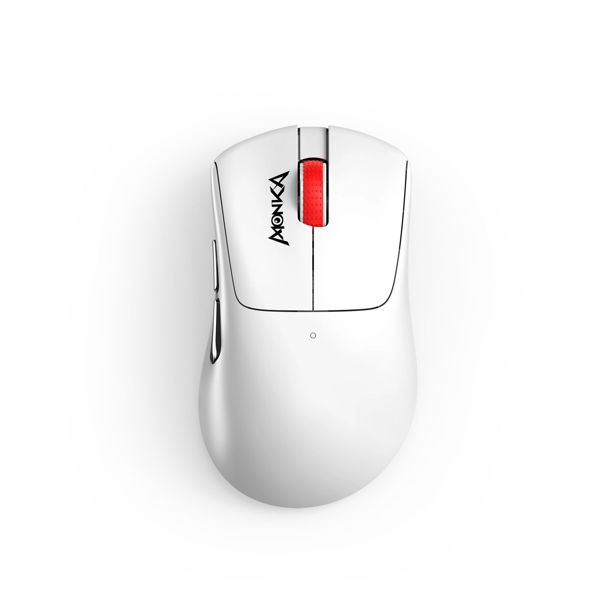 Wireless gaming mouse with a sleek white design and red accents, featuring customizable buttons and a precision scroll wheel, ideal for gamers seeking high performance and style.