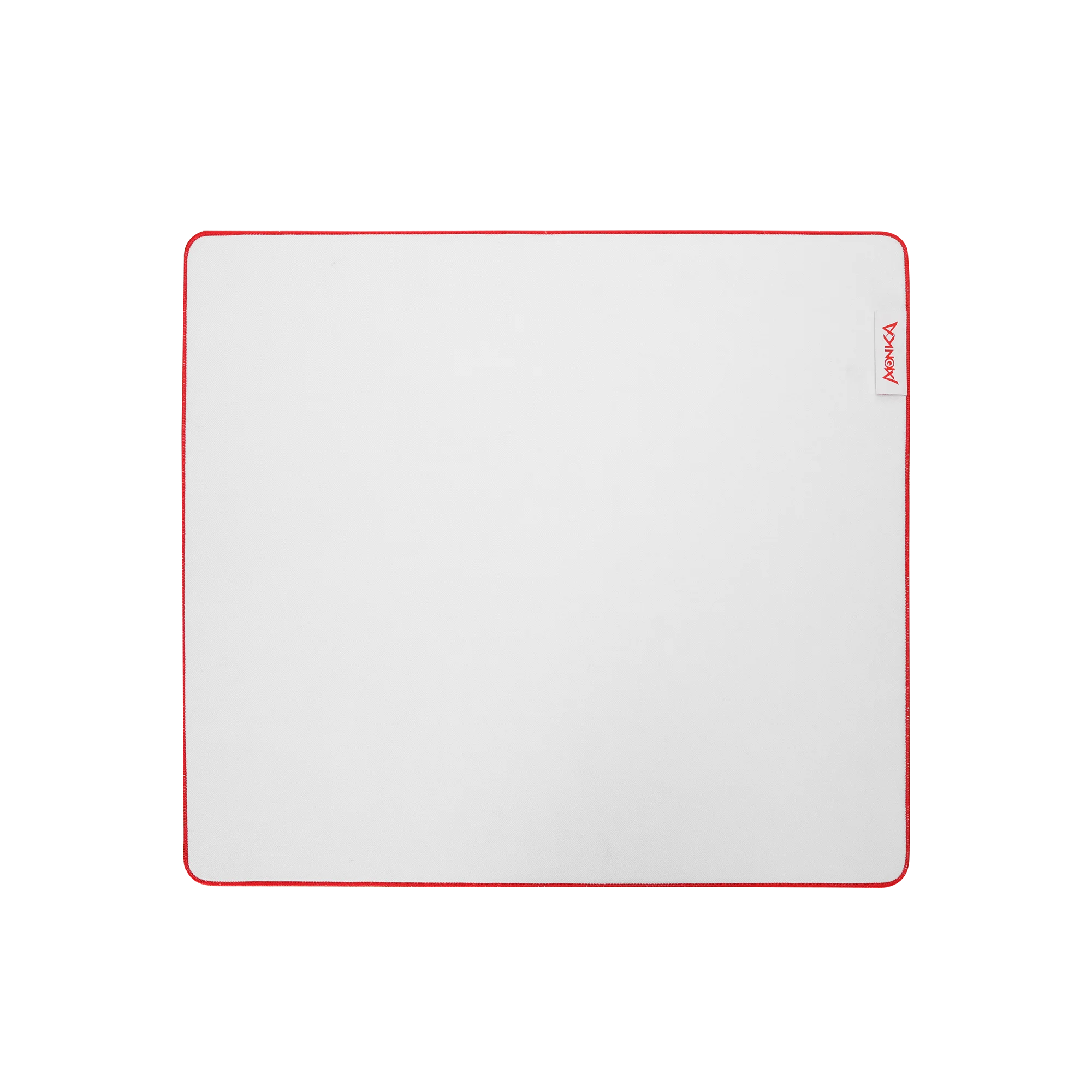 White gaming mouse pad with red stitching and a branded tag in the corner, designed for precision and smooth movement. Ideal for gamers and professionals seeking enhanced performance.