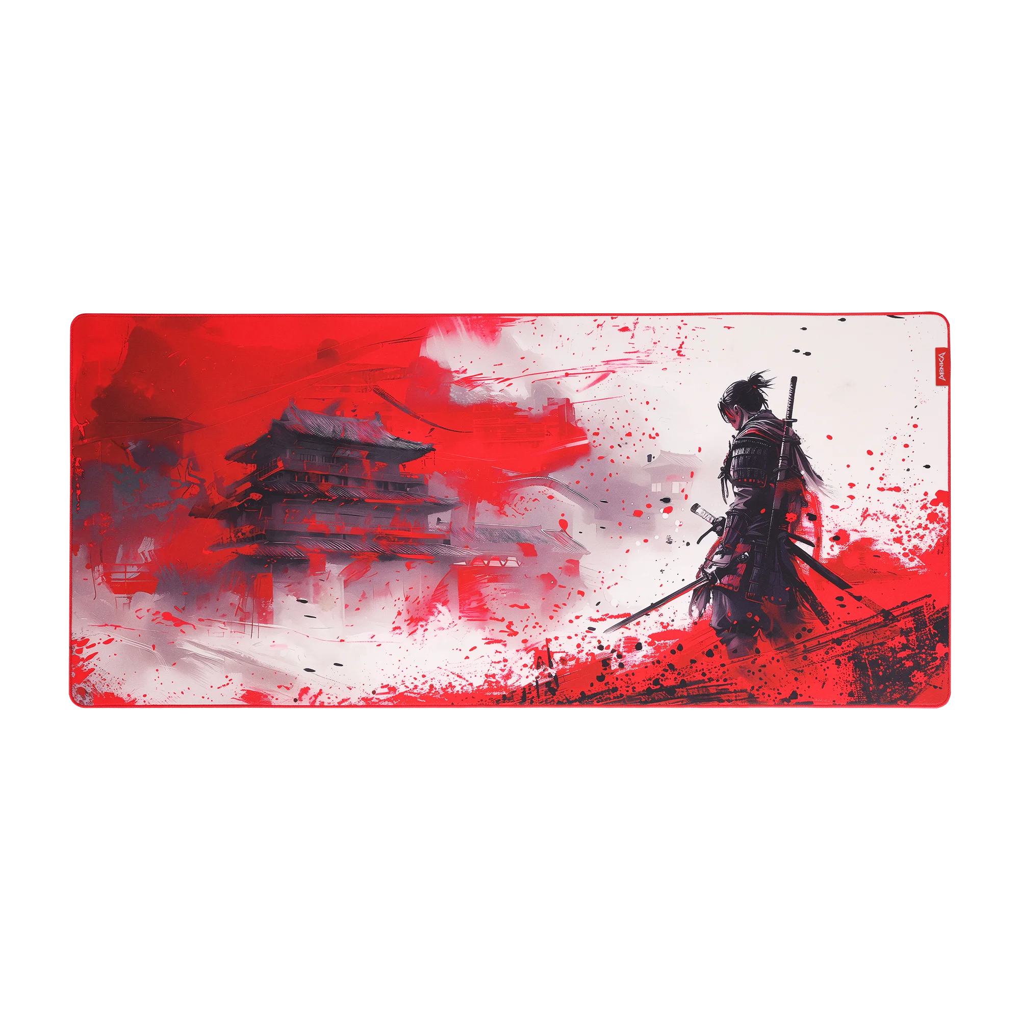 A striking digital artwork depicting a lone samurai standing in front of a traditional Japanese castle, surrounded by bold red splashes and a misty background. The samurai, dressed in intricate armor, holds a katana, capturing the essence of historical Japanese culture and warrior spirit.