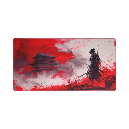 Samurai warrior standing in a dramatic red and black landscape, with a traditional Japanese pagoda in the background, showcasing a blend of abstract art and cultural themes.