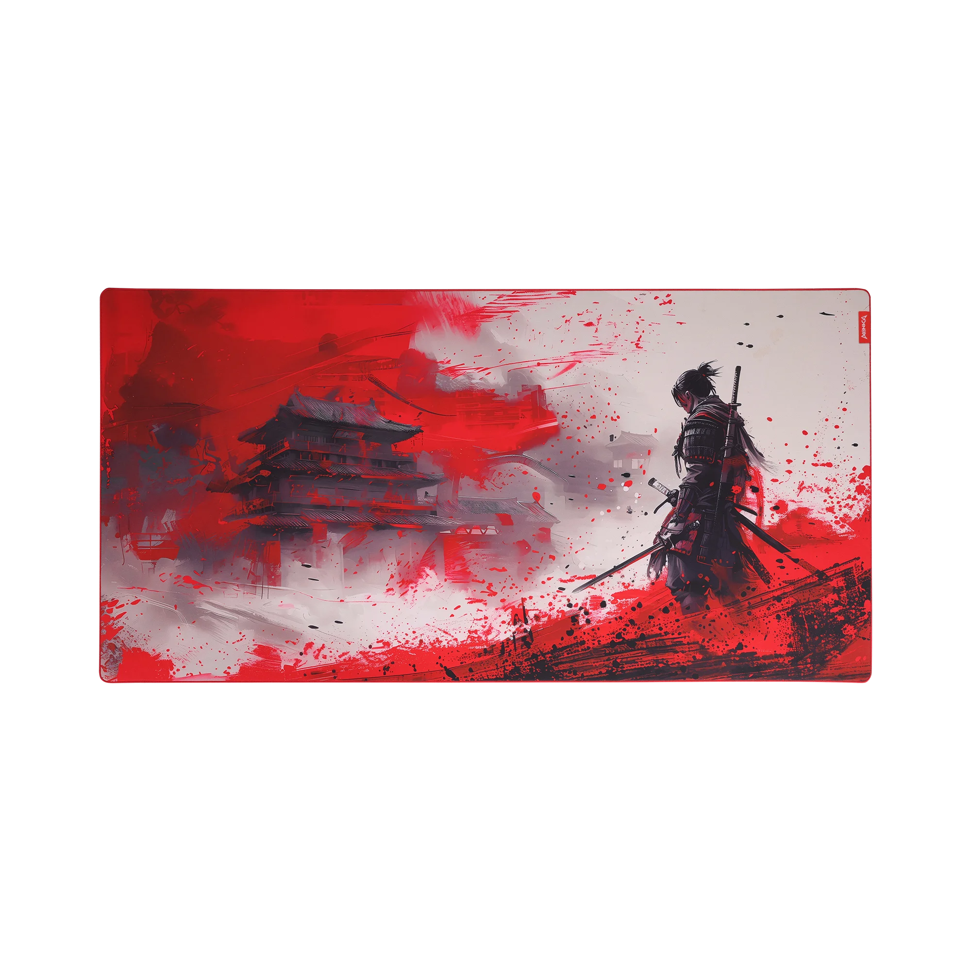 Samurai warrior standing in a dramatic red and black landscape, with a traditional Japanese pagoda in the background, showcasing a blend of abstract art and cultural themes.