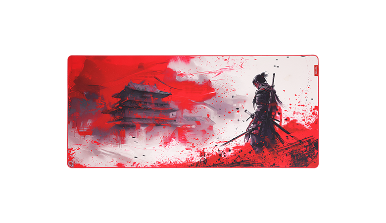 A warrior in traditional samurai attire stands poised in front of a stylized red and white landscape featuring an ancient Japanese castle, emphasizing themes of honor and battle.