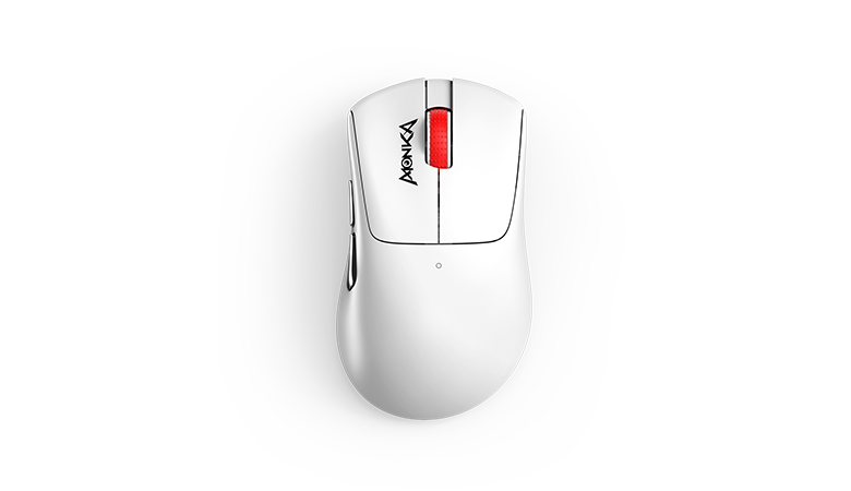 Wireless gaming mouse with a sleek white design and red scroll wheel, featuring ergonomic contours for comfortable grip and precision. Ideal for gamers seeking high performance and style.