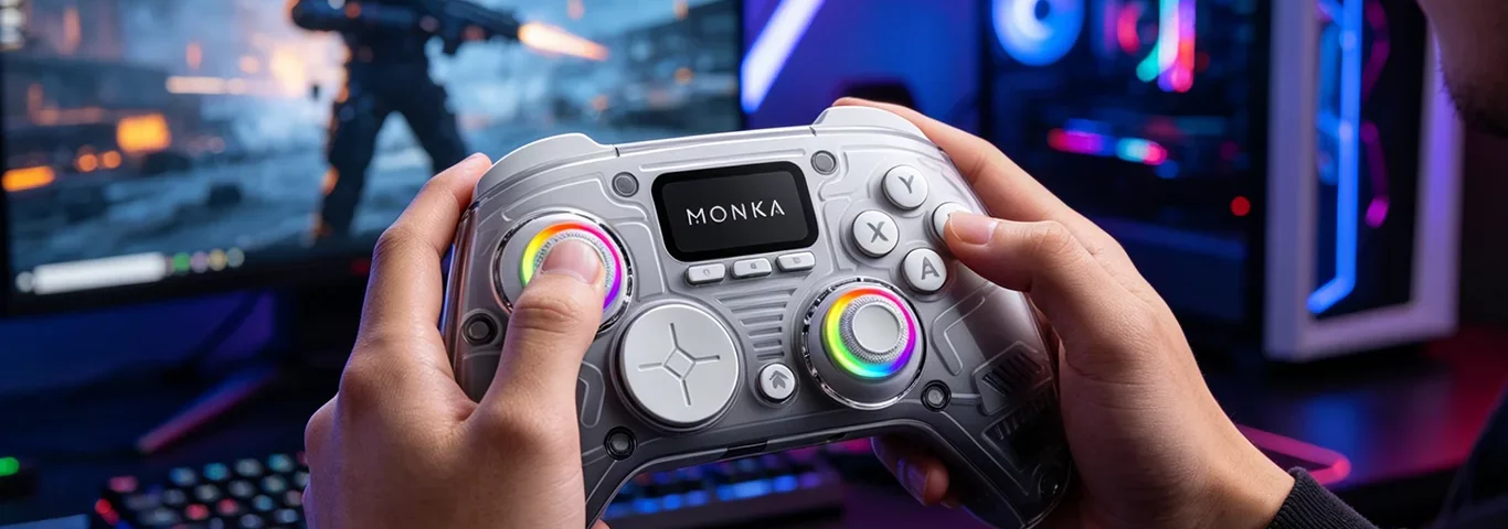 MONKA Strike GT-86 wireless gaming gamepad held by hands with RGB lighting and an integrated LCD screen, neon-lit backdrop and blurred gaming setup in the background.