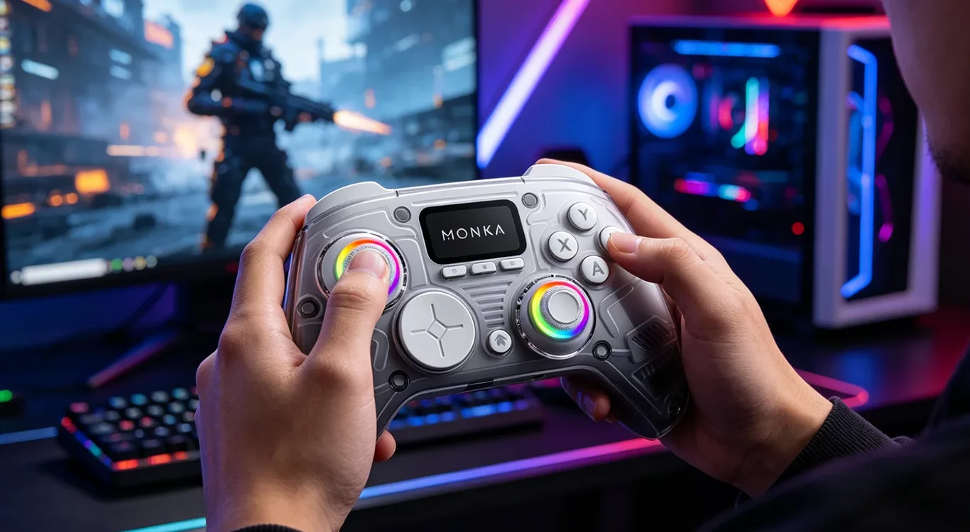 MONKA Strike GT-86 wireless gaming gamepad held by hands with RGB lighting and an integrated LCD screen, neon-lit backdrop and blurred gaming setup in the background.