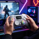 MONKA Strike GT-86 wireless gaming gamepad held by hands with RGB lighting and an integrated LCD screen, neon-lit backdrop and blurred gaming setup in the background.