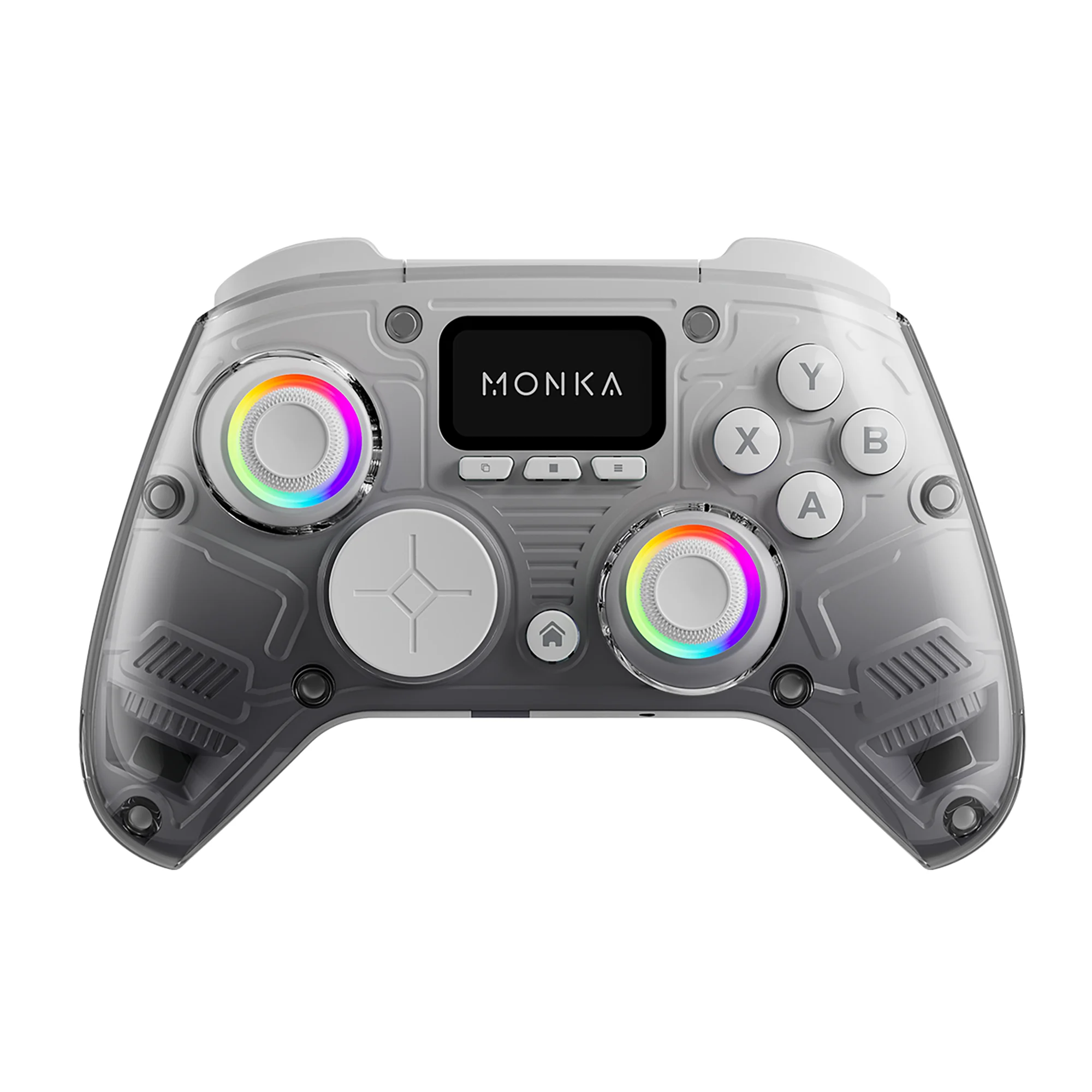 MONKA STRIKE GT-86 game controller in translucent gray with circular RGB ring-lit joysticks, MONKA logo display in the center, and a compact ergonomic layout.