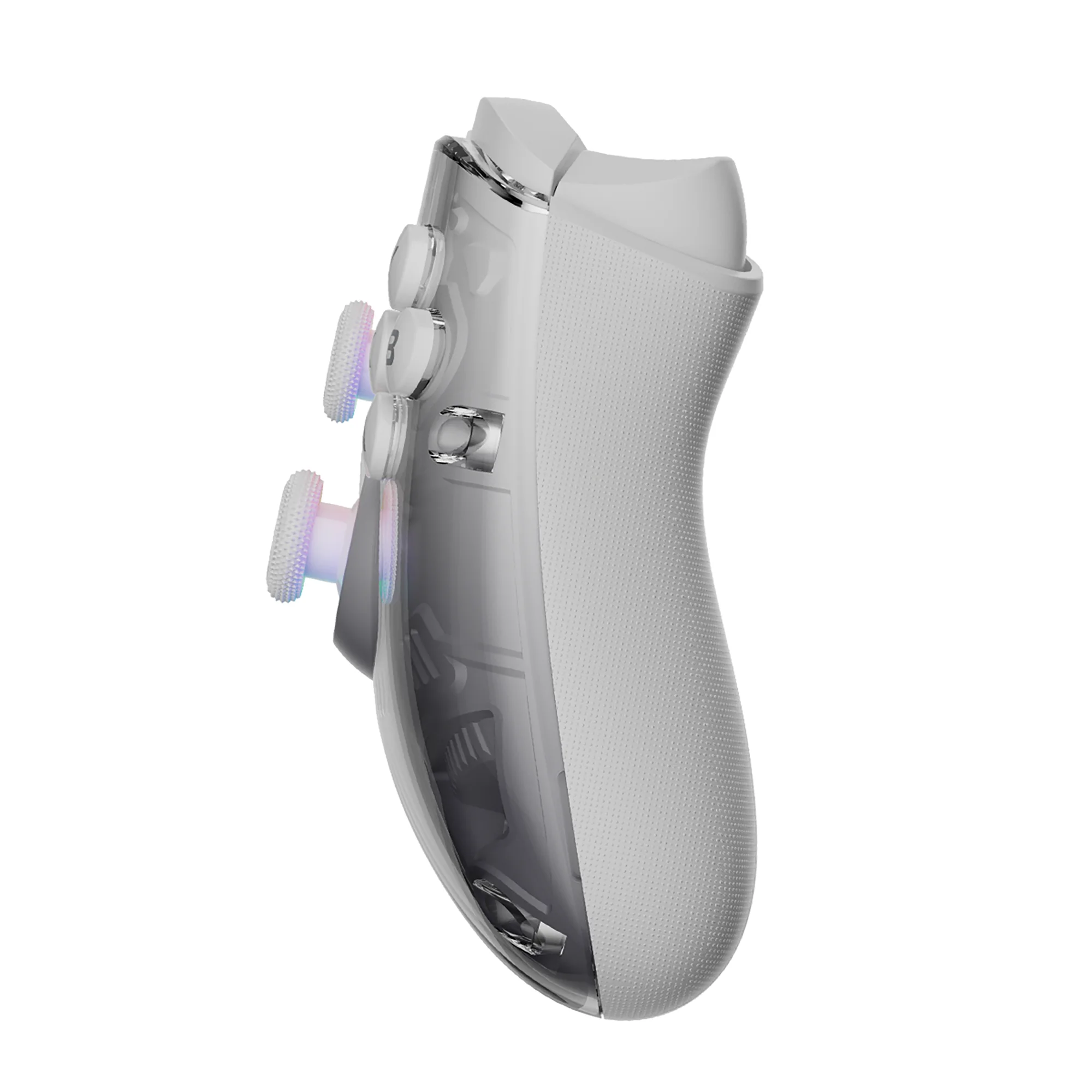 MONKA white ergonomic gaming peripheral with textured grip, chrome accents, and three side rotary controls.