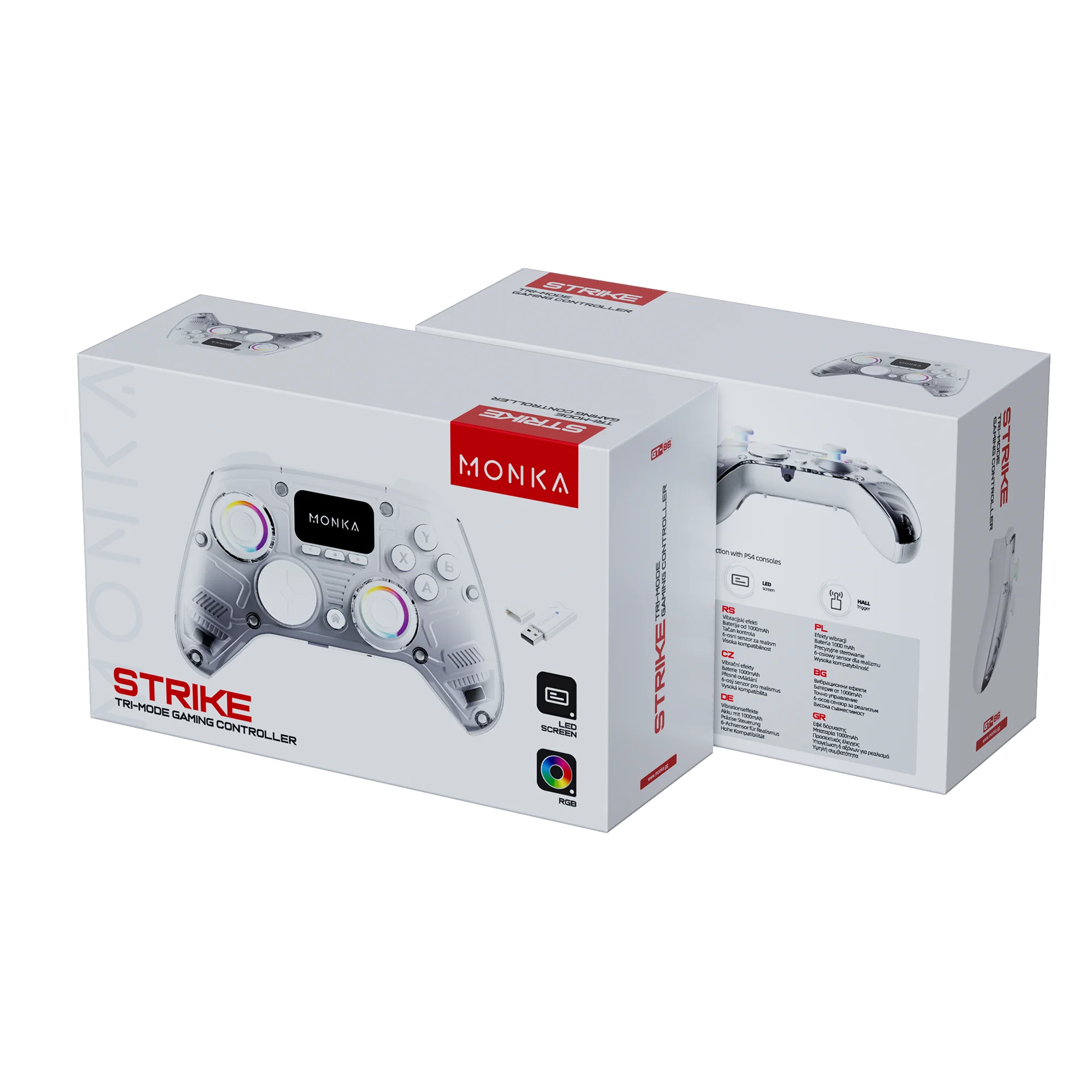 MONKA Strike game controller boxes in white packaging with red MONKA branding, showcasing a futuristic dual-joystick design and RGB LED accents.