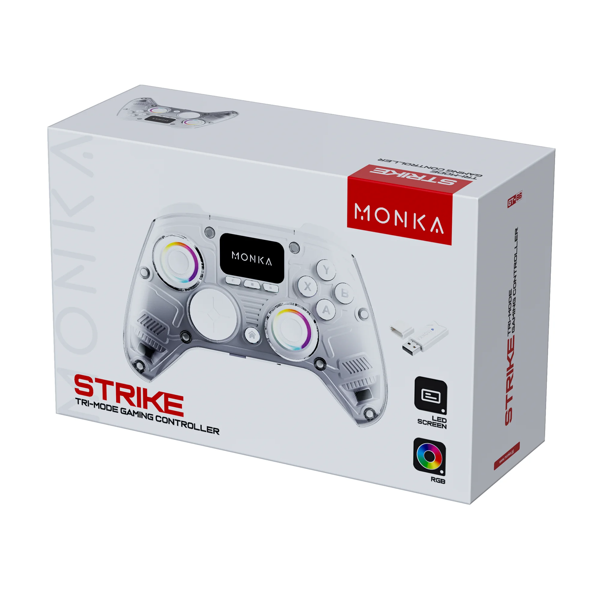 MONKA Strike GT-86 white tri‑mode gaming controller with RGB ring illumination on dual sticks and a compact central display